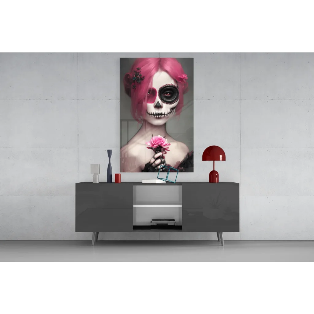 Vibrant pink-haired woman with sugar skull makeup holding rose in glass wall art