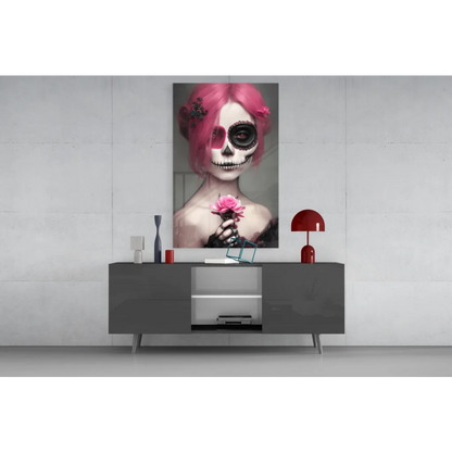 Vibrant pink-haired woman with sugar skull makeup holding rose in glass wall art
