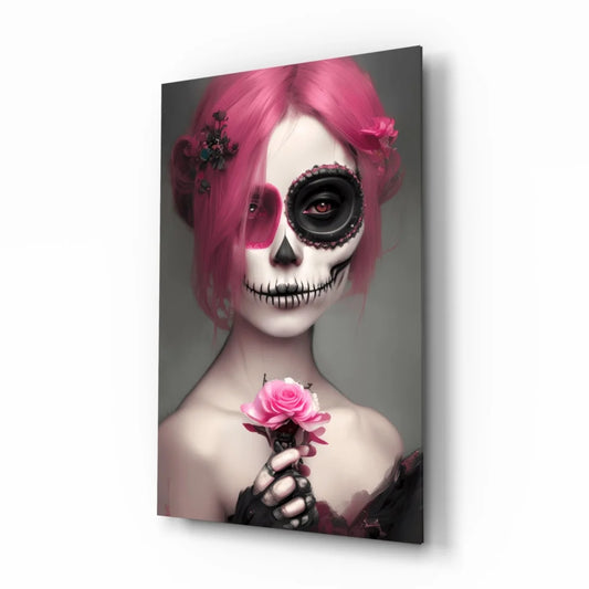 Pink sugar skull rose glass wall art on sleek canvas