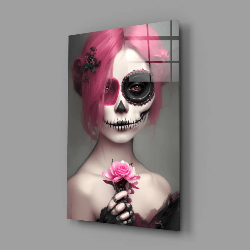 Vibrant pink-haired woman with sugar skull makeup holding pink rose in Pink Sugar Skull Rose Glass Wall Art Canvas