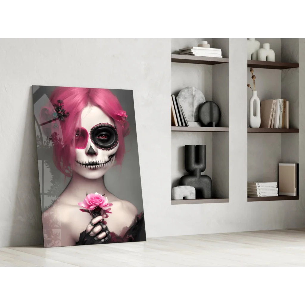 Vibrant pink sugar skull woman with rose on glass wall art canvas