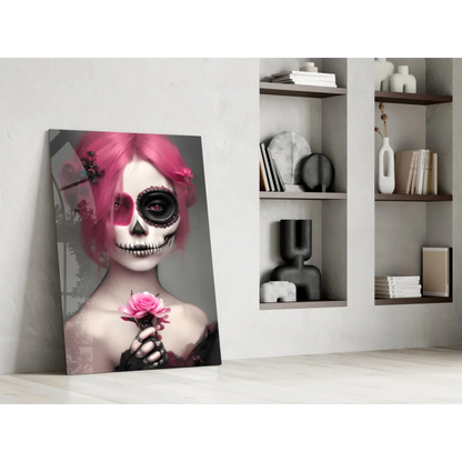 Vibrant pink sugar skull woman with rose on glass wall art canvas