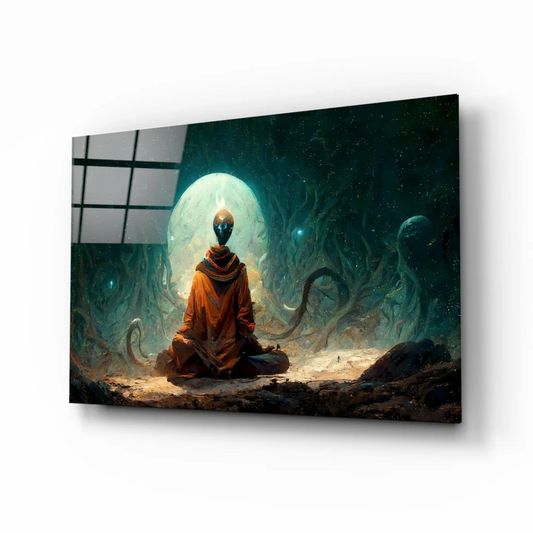 Surreal cosmic alien in orange robes meditating with glowing tendrils wall art print