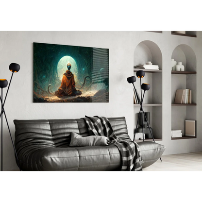 Cosmic alien in orange robe meditating under glowing archway wall art