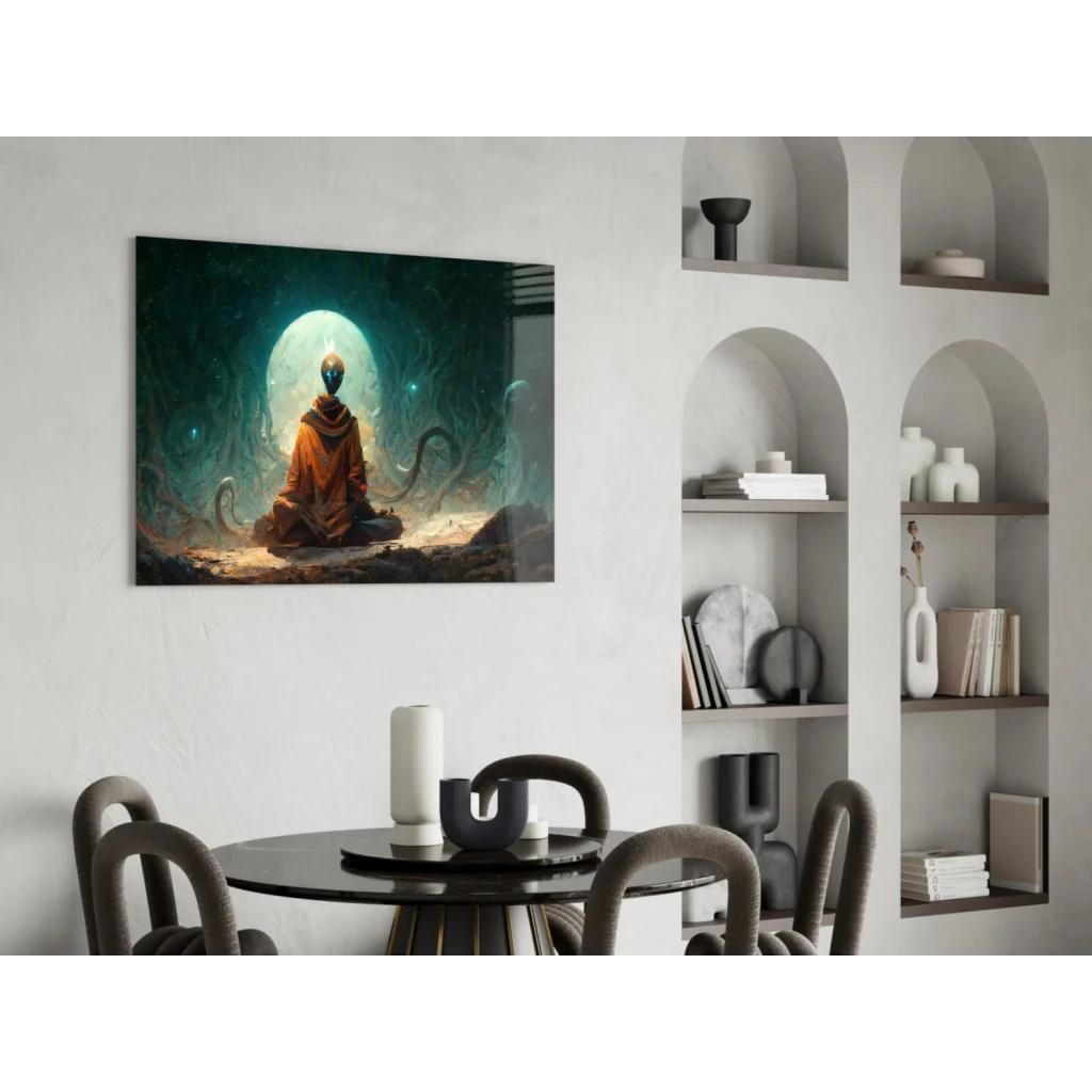 Meditating figure in orange robe under cosmic archway, teal tentacles wall art