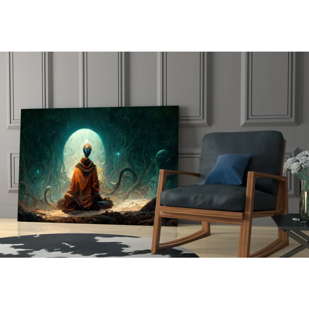 Meditating alien in orange robe under glowing moon with dark tendrils wall art canvas print