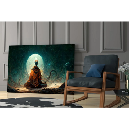 Meditating alien in orange robe under glowing moon with dark tendrils wall art canvas print