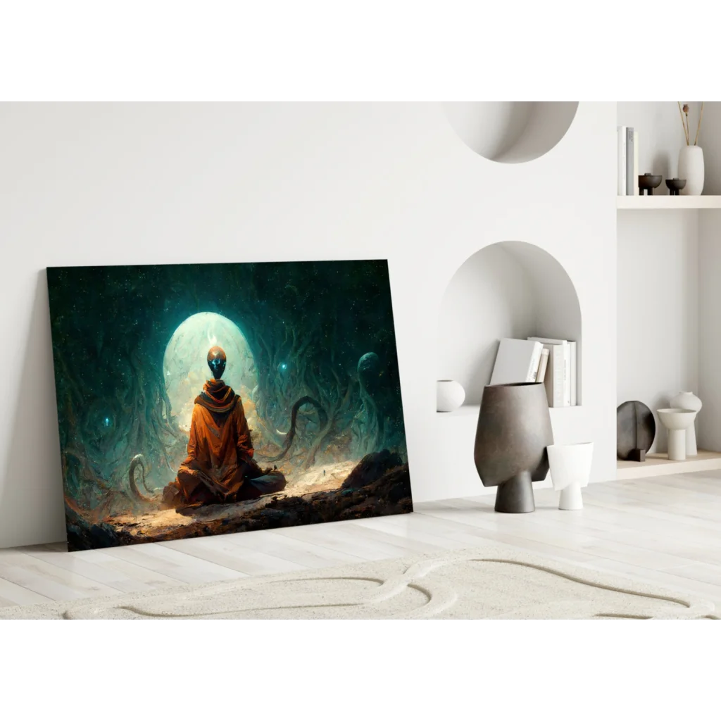 Mystical alien in orange robes meditating under glowing moon, cosmic wall art print