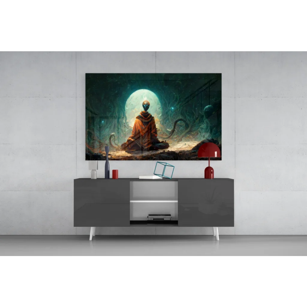 Dark gray console table with white legs under Cosmic Alien Meditation wall art