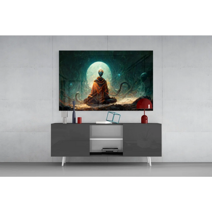 Dark gray console table with white legs under Cosmic Alien Meditation wall art
