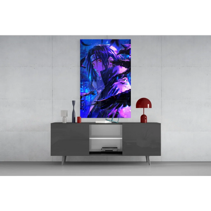 Vibrant anime canvas wall art with glowing purple eyes and cosmic starry night
