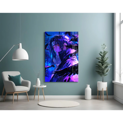 Vibrant blue purple anime portrait canvas wall art with glowing eyes