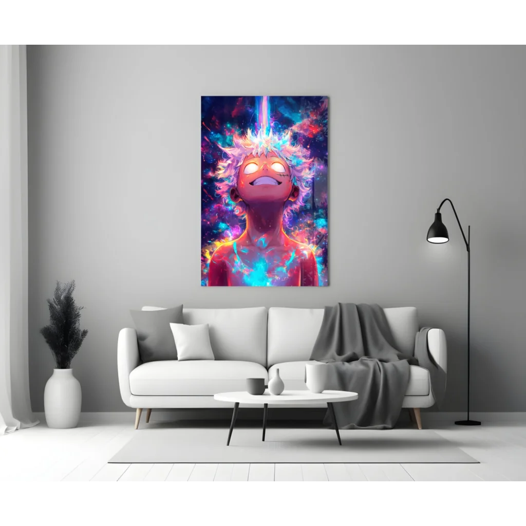 Vibrant cosmic anime glow wall art canvas with spiky-haired character in nebula