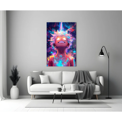 Vibrant cosmic anime glow wall art canvas with spiky-haired character in nebula