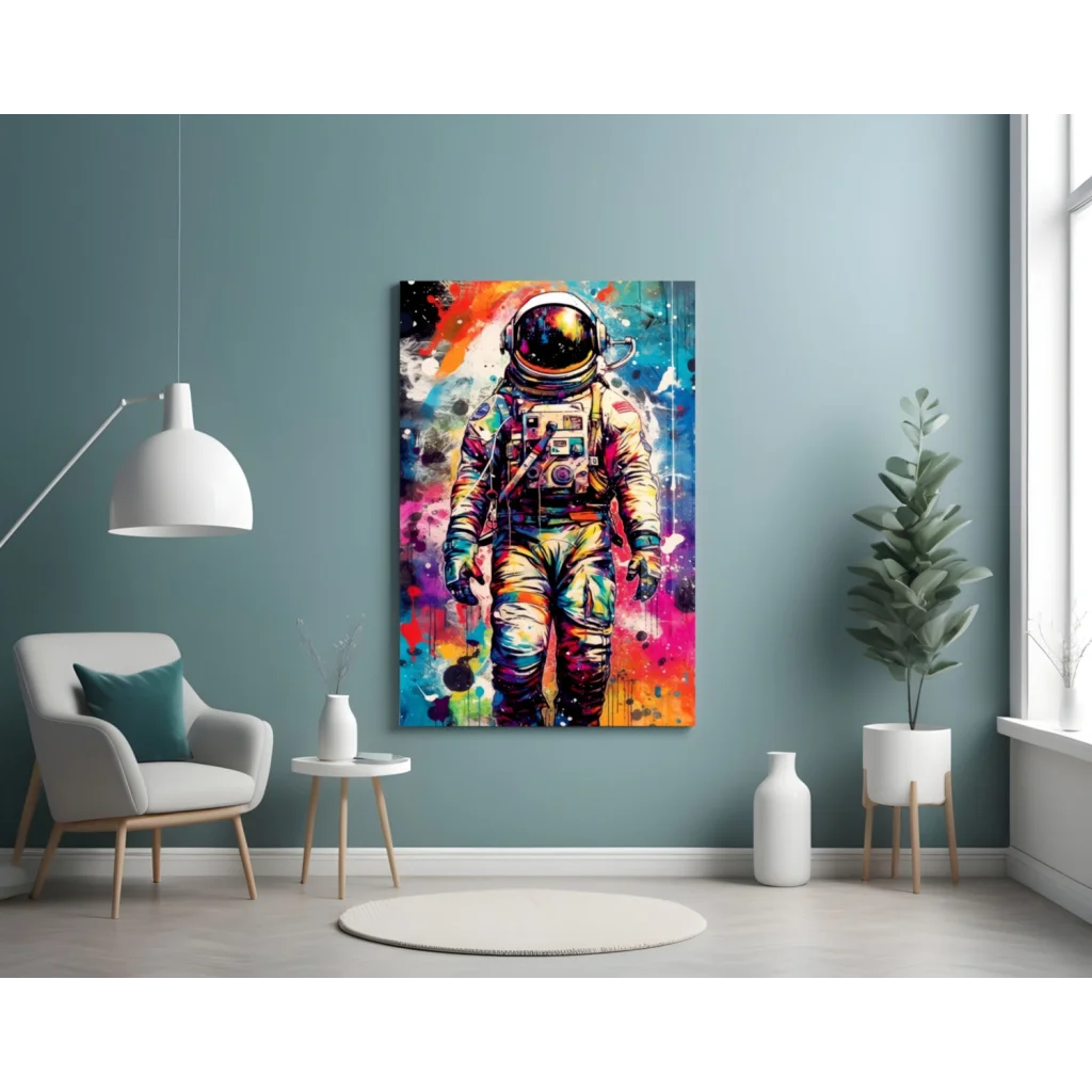 Vibrant cosmic astronaut splatter wall art canvas print