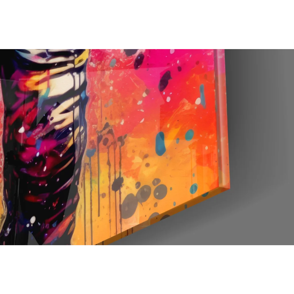 Vibrant cosmic astronaut splatter glass wall art with pink, orange, yellow