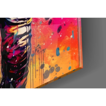 Vibrant cosmic astronaut splatter glass wall art with pink, orange, yellow