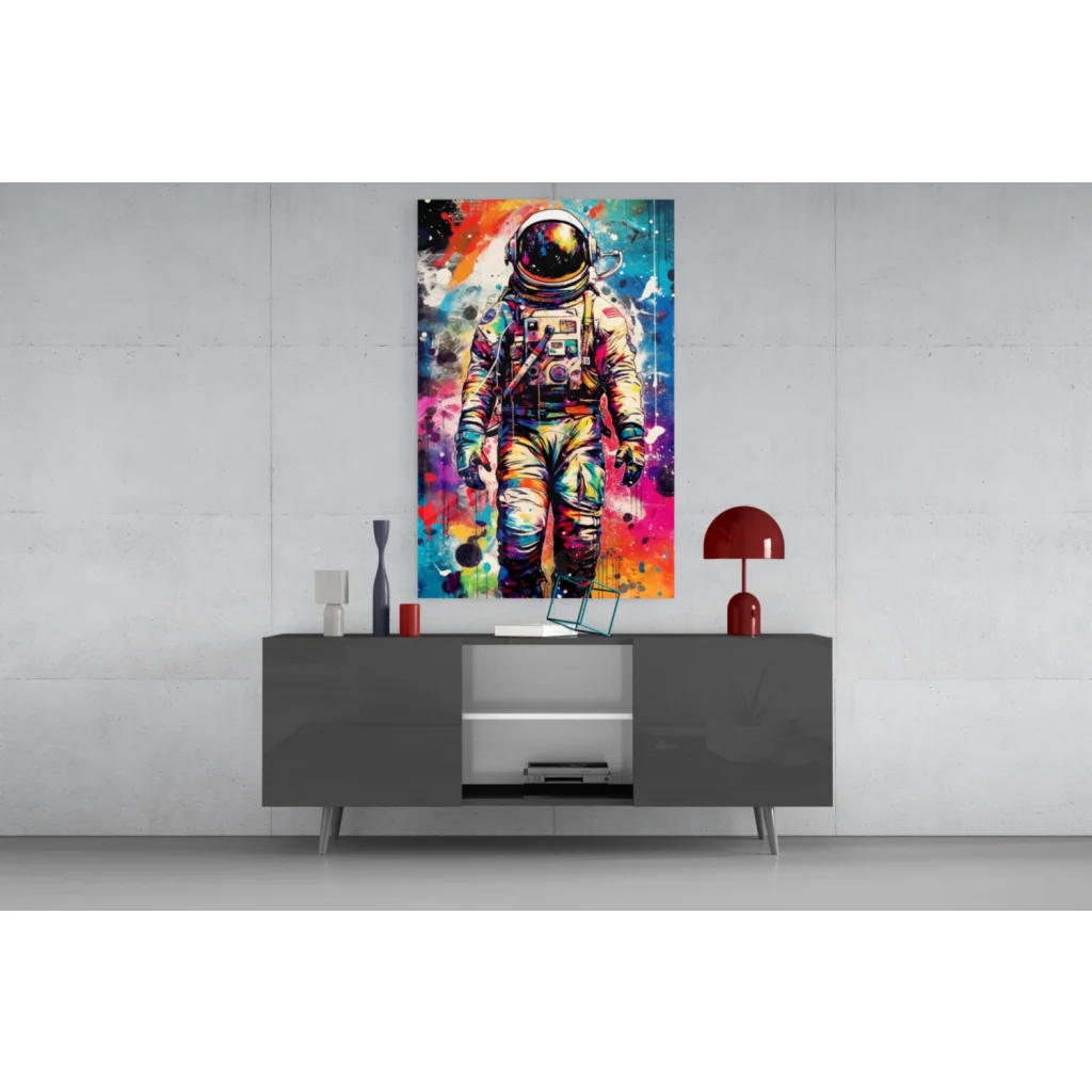 Vibrant cosmic astronaut wall art canvas print with metallic accents