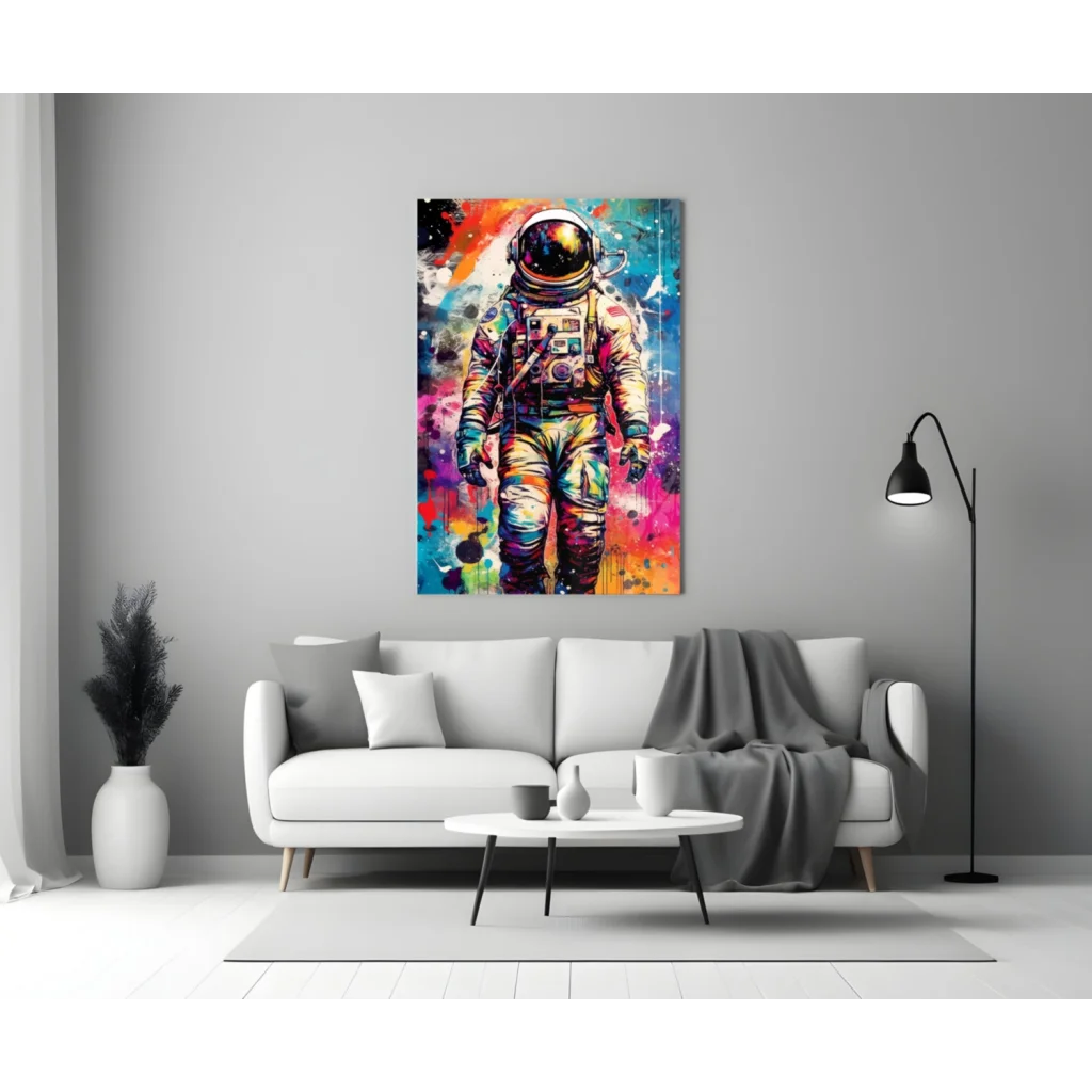 Vibrant cosmic astronaut splatter wall art canvas print