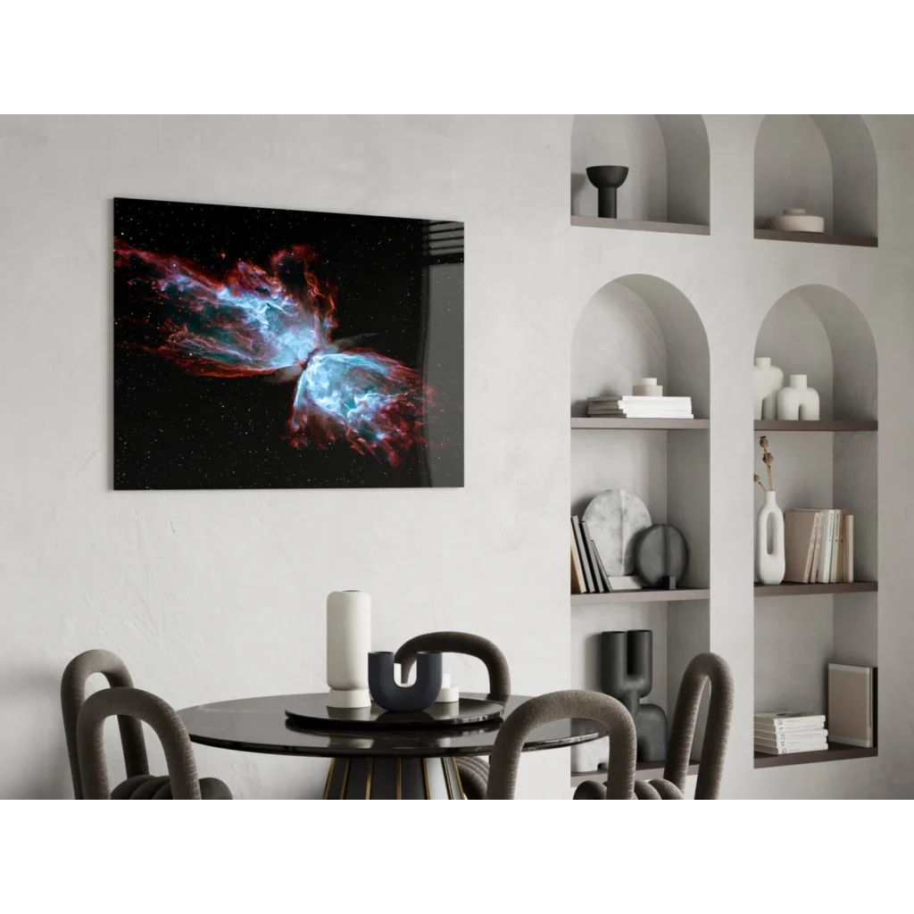 Vibrant Cosmic Butterfly Nebula wall art in red and blue on black canvas