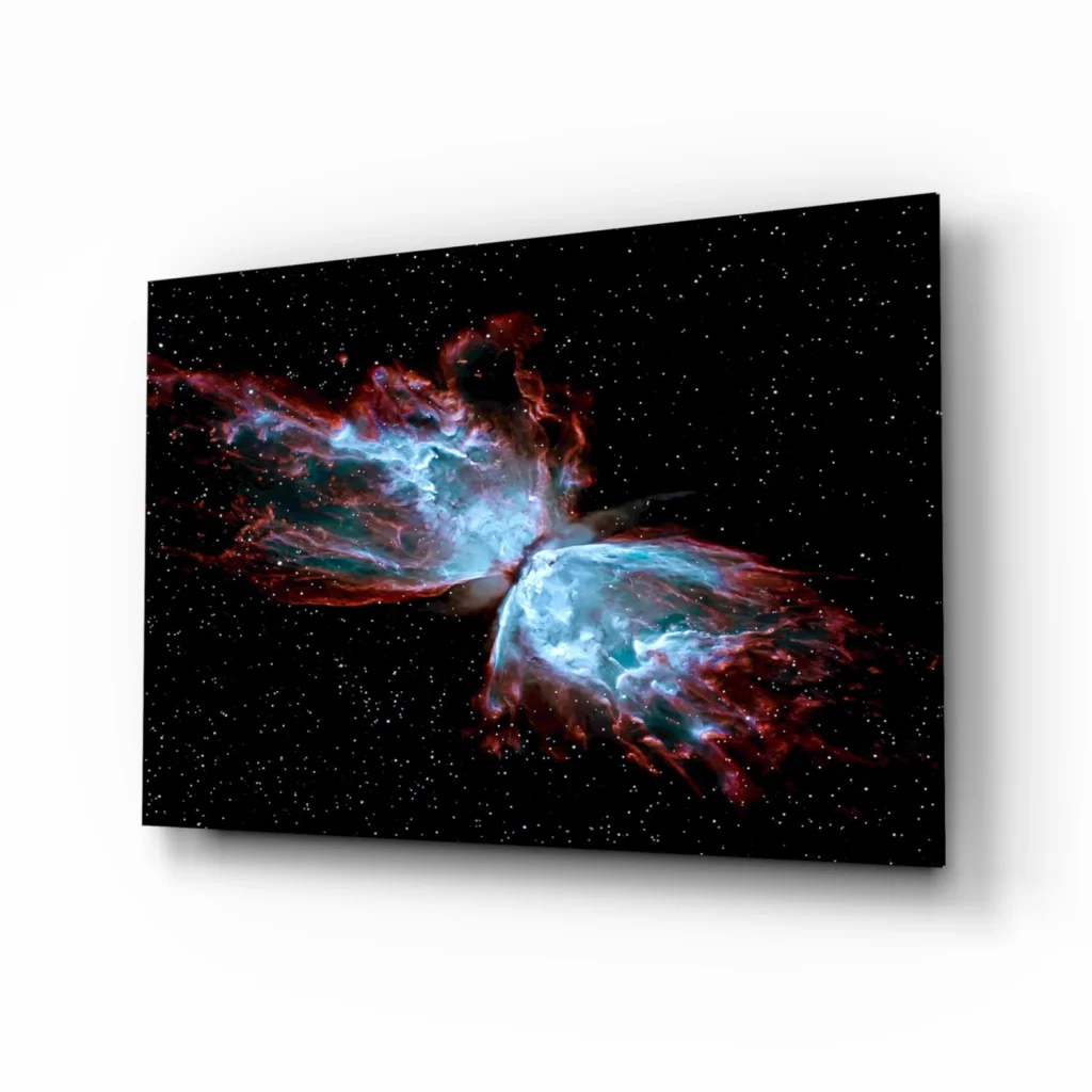 Vibrant red and blue cosmic butterfly nebula wall art on starry night canvas