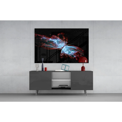 Sleek 4K UHD TV displaying cosmic butterfly nebula glass wall art in vivid red and blue