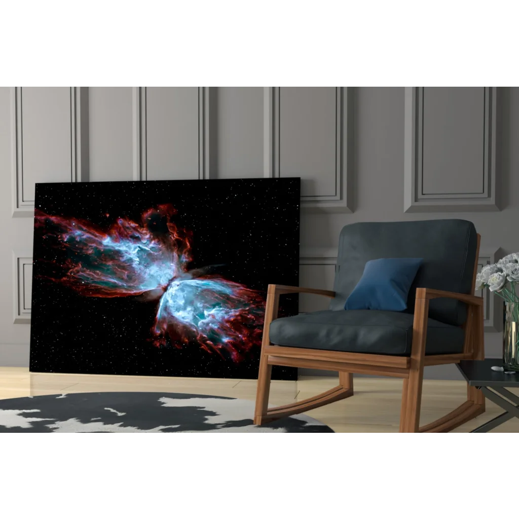 Vibrant cosmic butterfly nebula canvas wall art in red and blue hues
