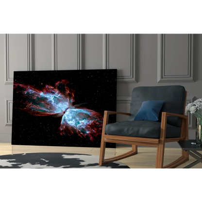 Vibrant cosmic butterfly nebula canvas wall art in red and blue hues