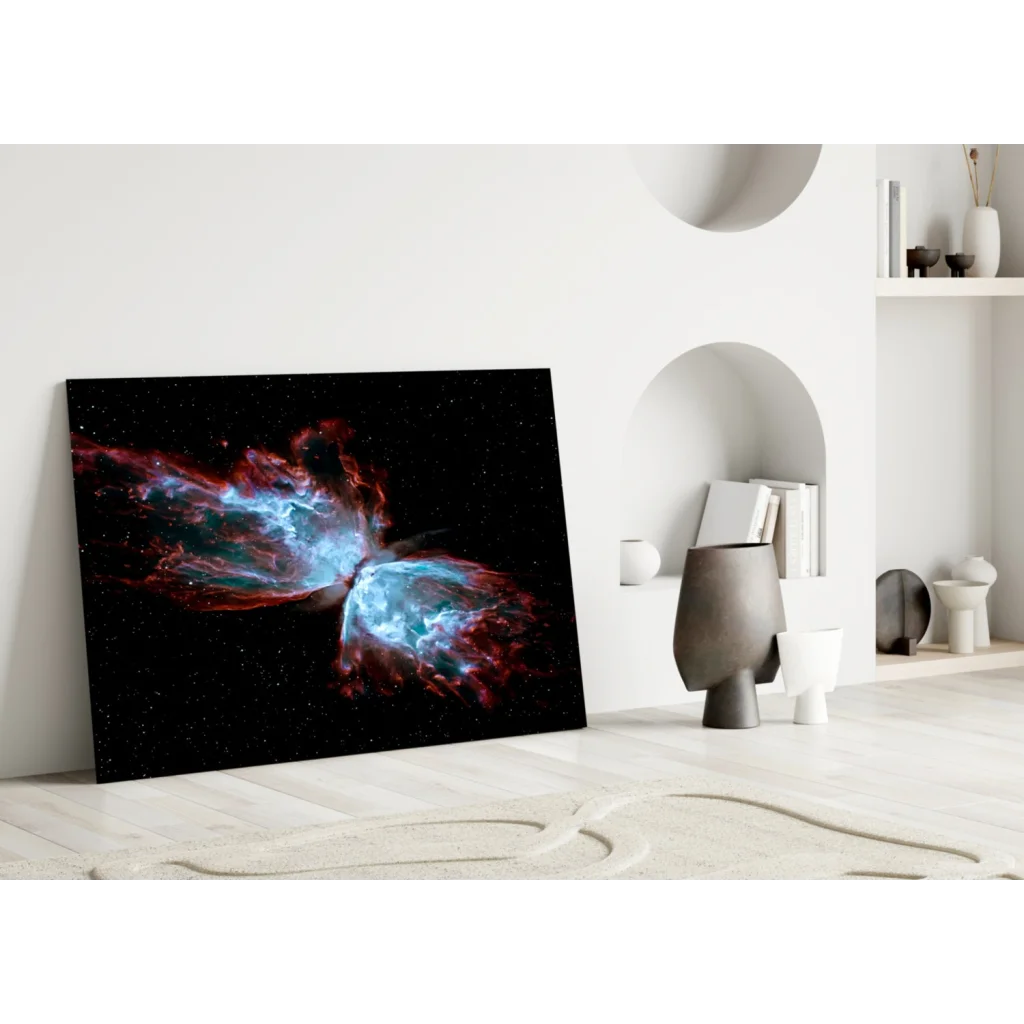 Vibrant red and blue cosmic butterfly nebula canvas wall art print
