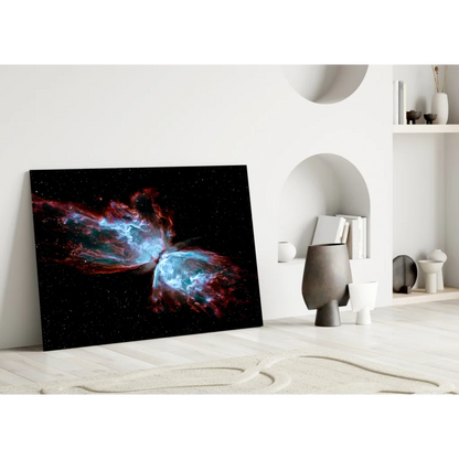 Vibrant red and blue cosmic butterfly nebula canvas wall art print