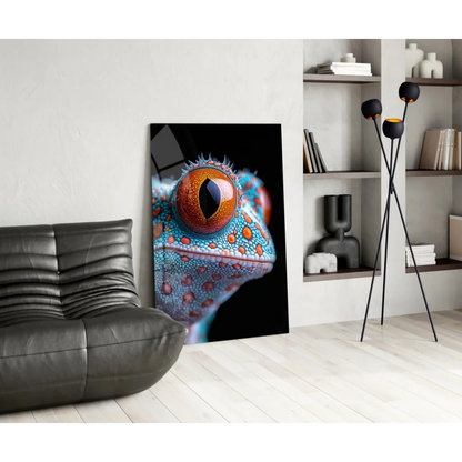 Vibrant turquoise orange gecko eye glass wall art portrait