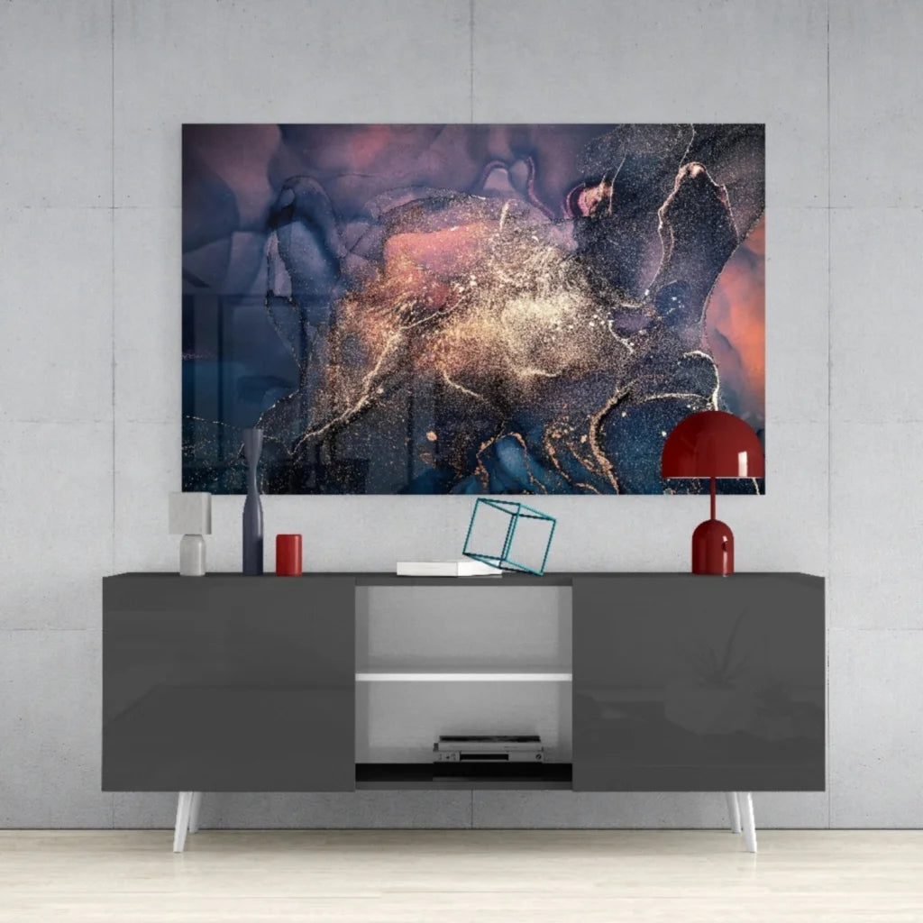 Modern gray TV stand with white accents under cosmic galaxy wall art