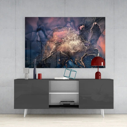 Modern gray TV stand with white accents under cosmic galaxy wall art