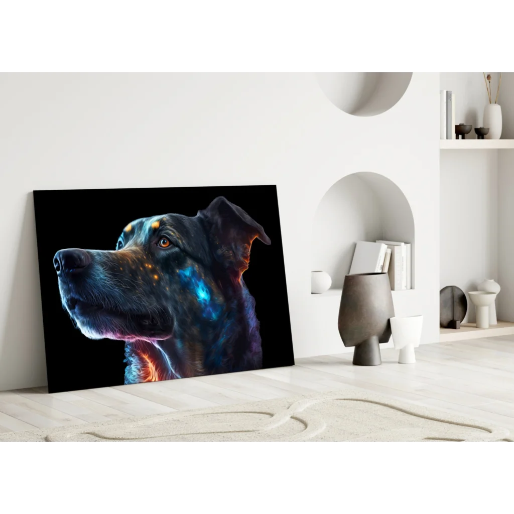 Vibrant cosmic galaxy dog canvas wall art with glowing blue orange patterns