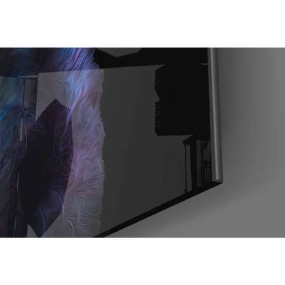 Sleek TV frame displays cosmic galaxy dog glass wall art in blues and purples