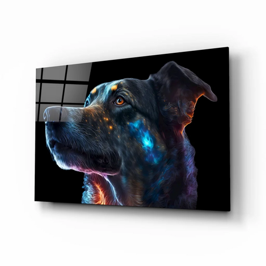 Sleek black cosmic galaxy dog canvas wall art in blue orange hues