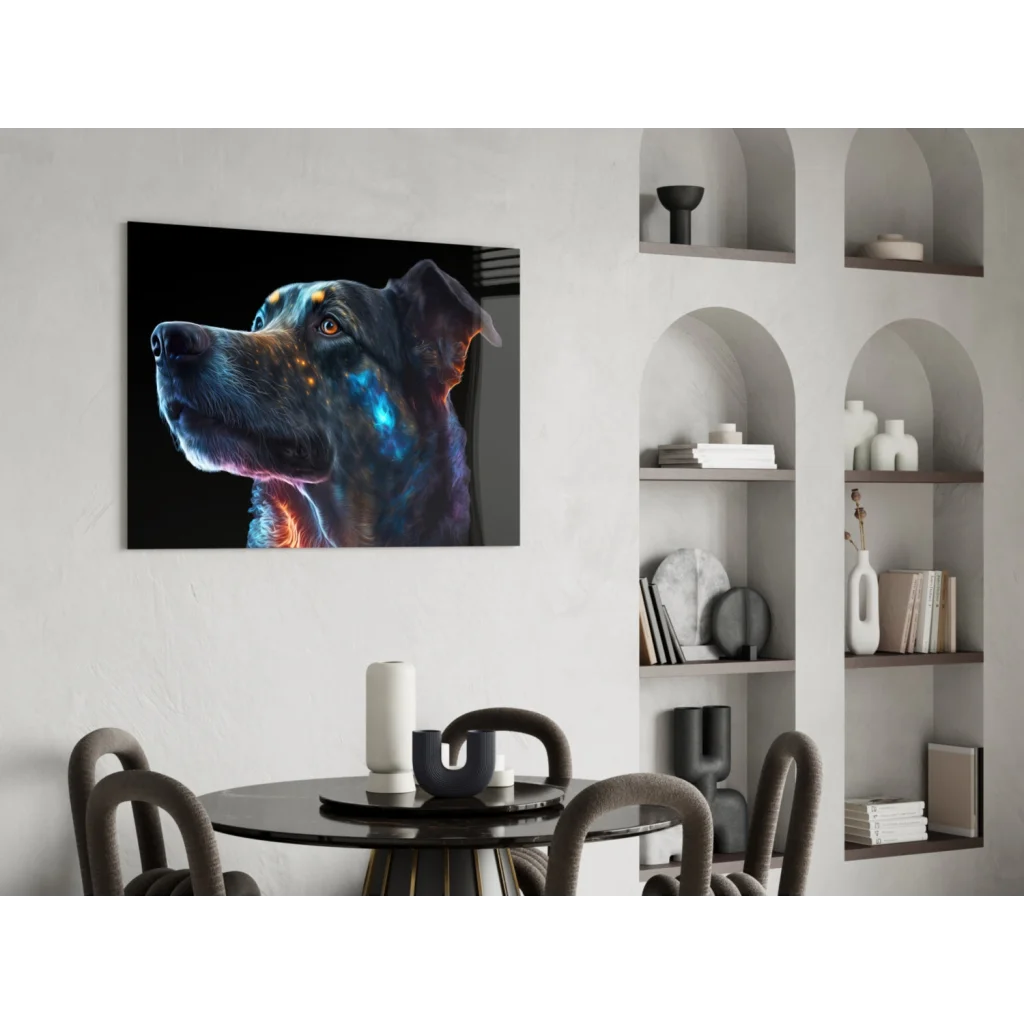 Striking black dog canvas wall art with cosmic blue orange nebula glow