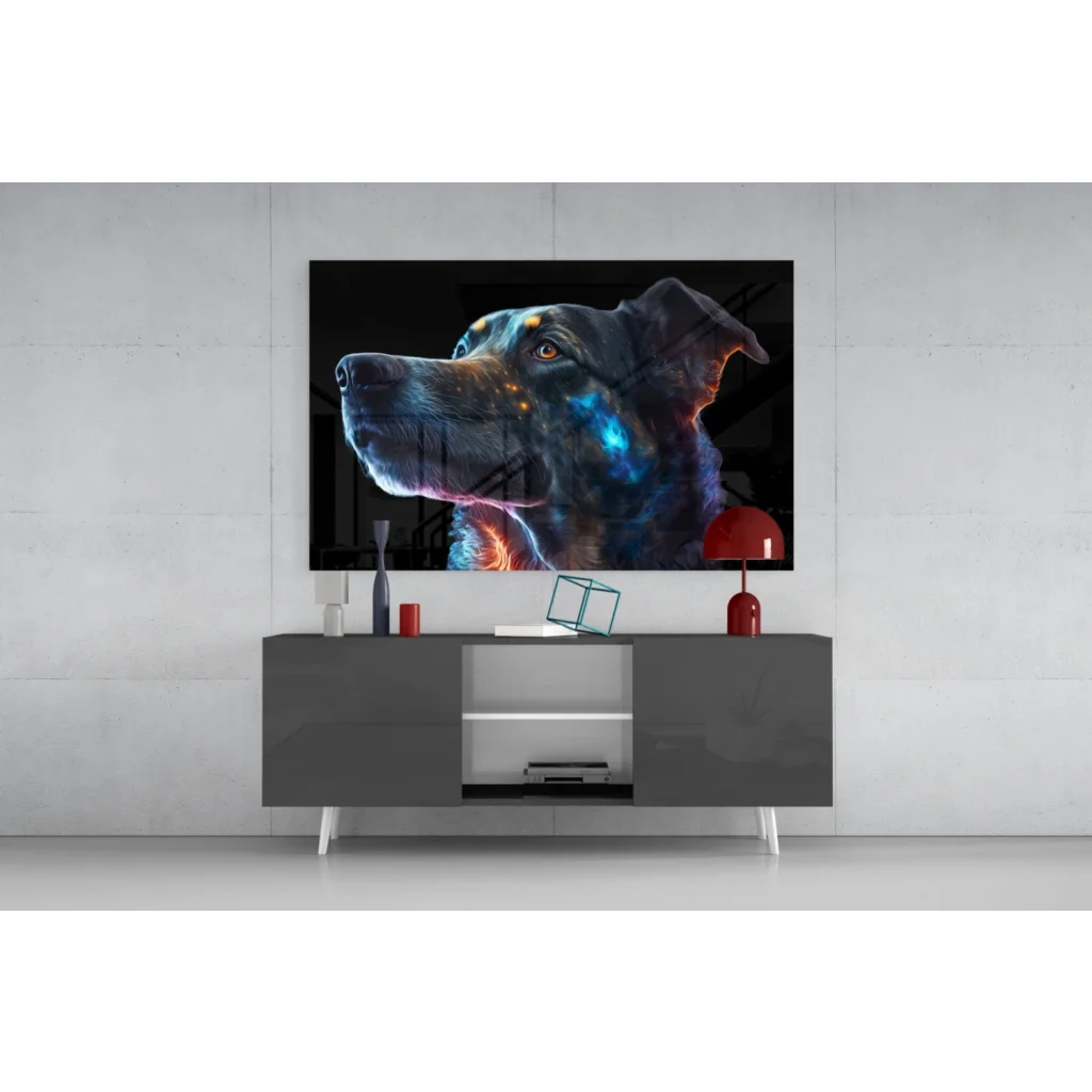 Black cosmic dog with glowing blue orange patterns on wall art canvas