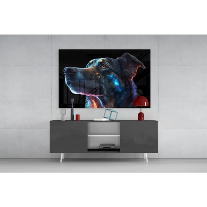 Black cosmic dog with glowing blue orange patterns on wall art canvas
