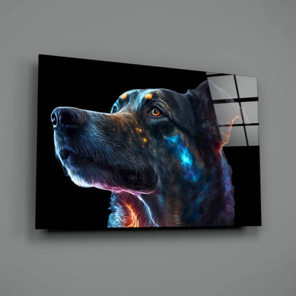 Sleek black cosmic galaxy dog wall art with glowing blue orange patterns