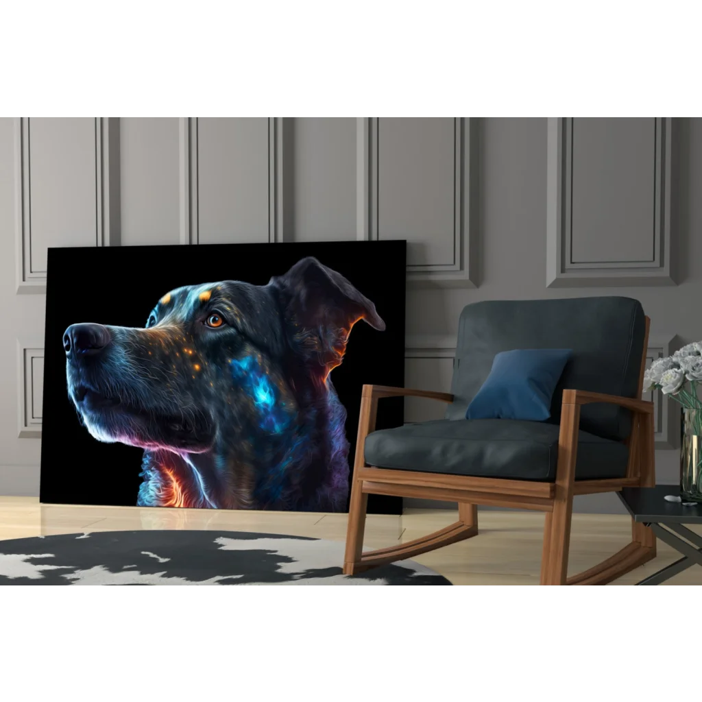 Cosmic Galaxy Dog canvas wall art with glowing blue orange patterns
