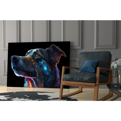 Cosmic Galaxy Dog canvas wall art with glowing blue orange patterns