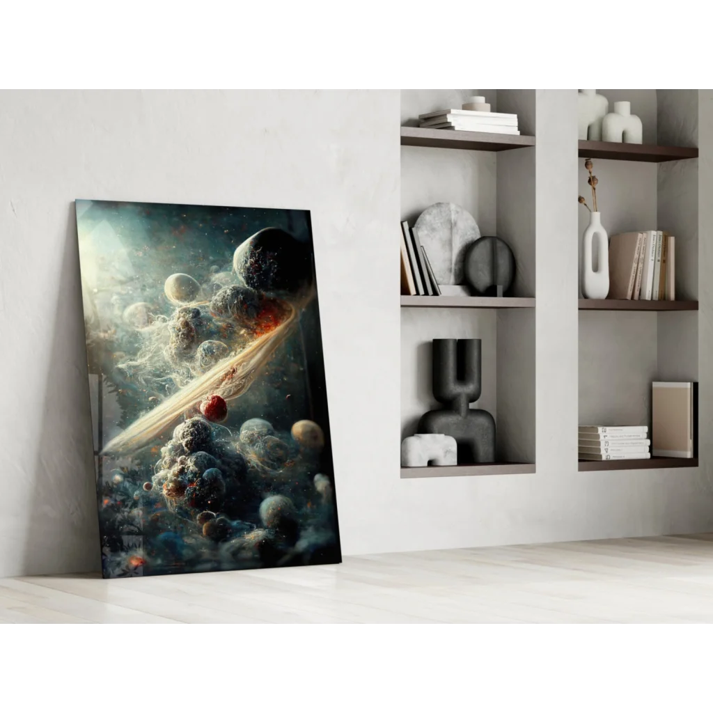 Vibrant cosmic glass wall art panel with planets, stars, metallic design