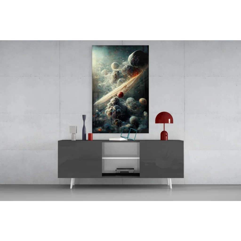 Modern gray sideboard with white drawers, minimalist glass wall art design