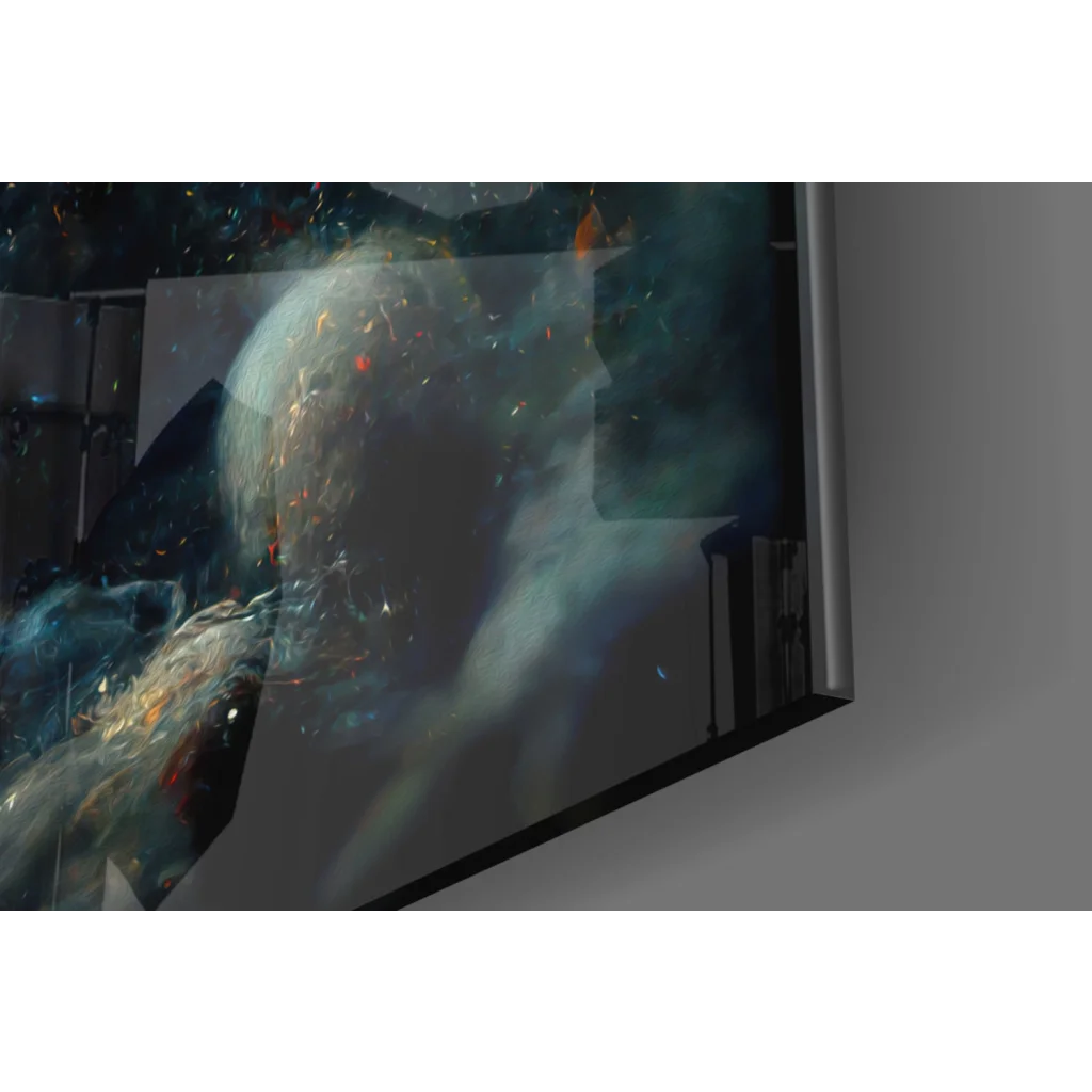 Curved 4K smart TV in black frame as cosmic galaxy glass wall art