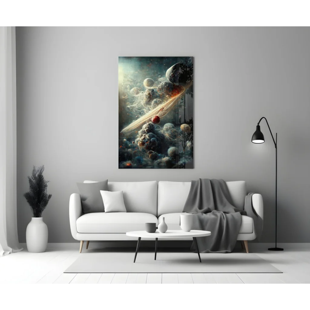Modern white sofa with gray throw under Cosmic Galaxy glass wall art