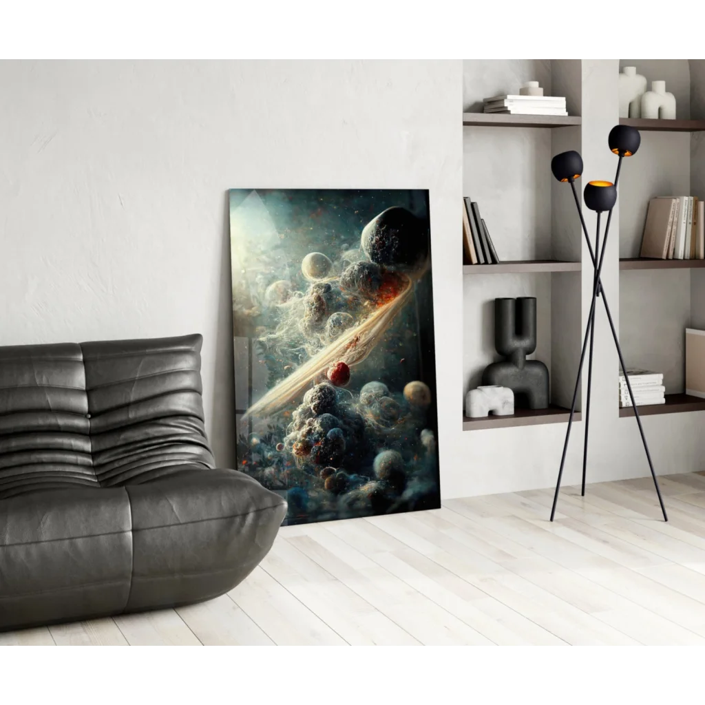 Cosmic Galaxy glass wall art panel with metallic reflective design
