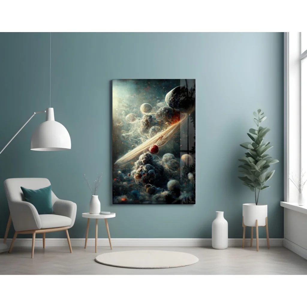 24x36 inch cosmic galaxy glass wall art panel with planets and stars