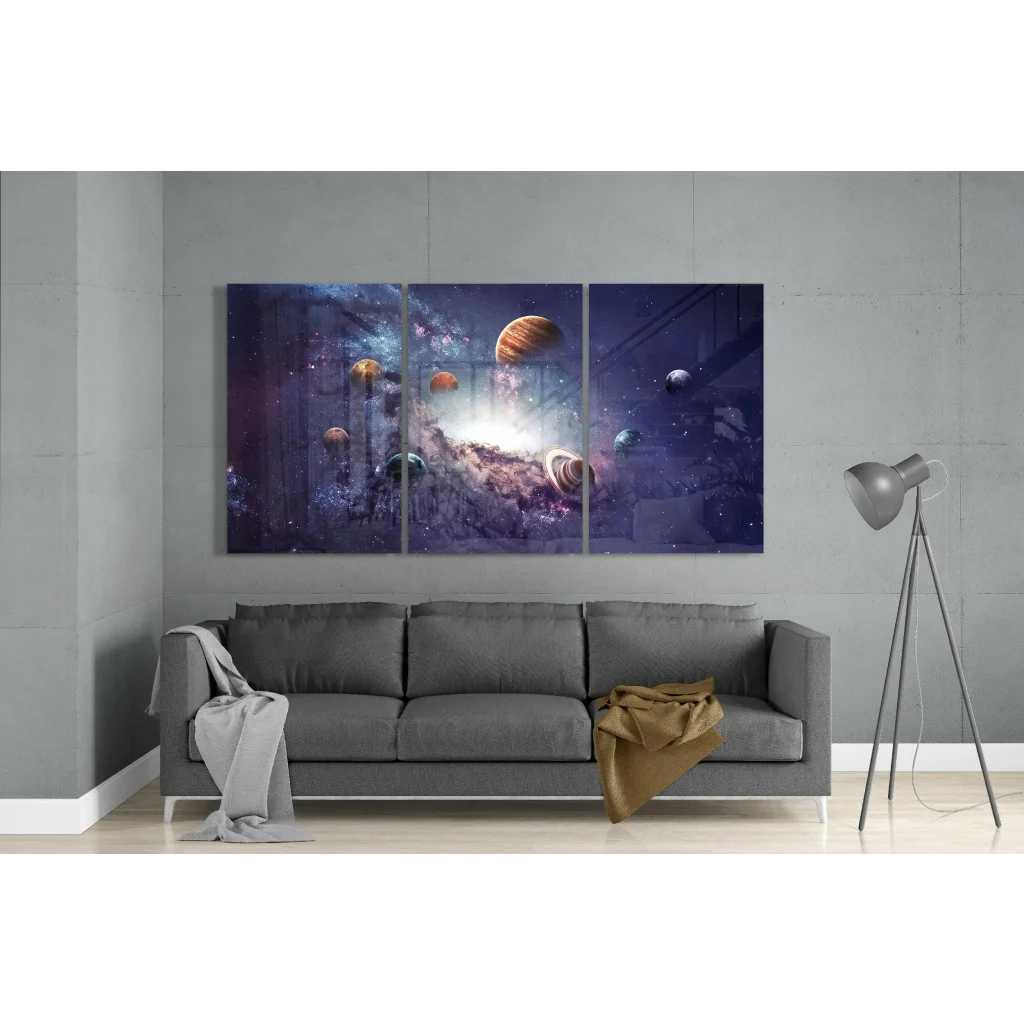 Vibrant cosmic galaxy glass wall art tri-panel with swirling planets and nebulae