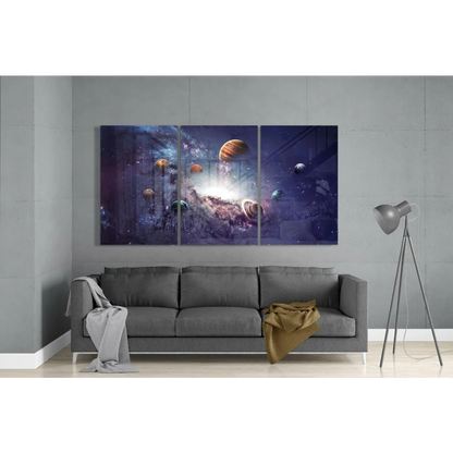 Vibrant cosmic galaxy glass wall art tri-panel with swirling planets and nebulae